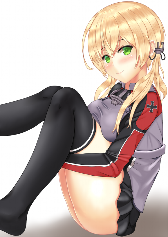 1girl anchor anchor_hair_ornament black_legwear black_ribbon black_skirt blonde_hair feet_out_of_frame gloves gradient gradient_background green_eyes hair_ornament iron_cross kantai_collection leg_hug looking_at_viewer low_twintails microskirt military military_uniform prinz_eugen_(kantai_collection) ribbon sitting skirt smile solo thigh-highs tomohiro_(duo) twintails uniform white_background white_gloves
