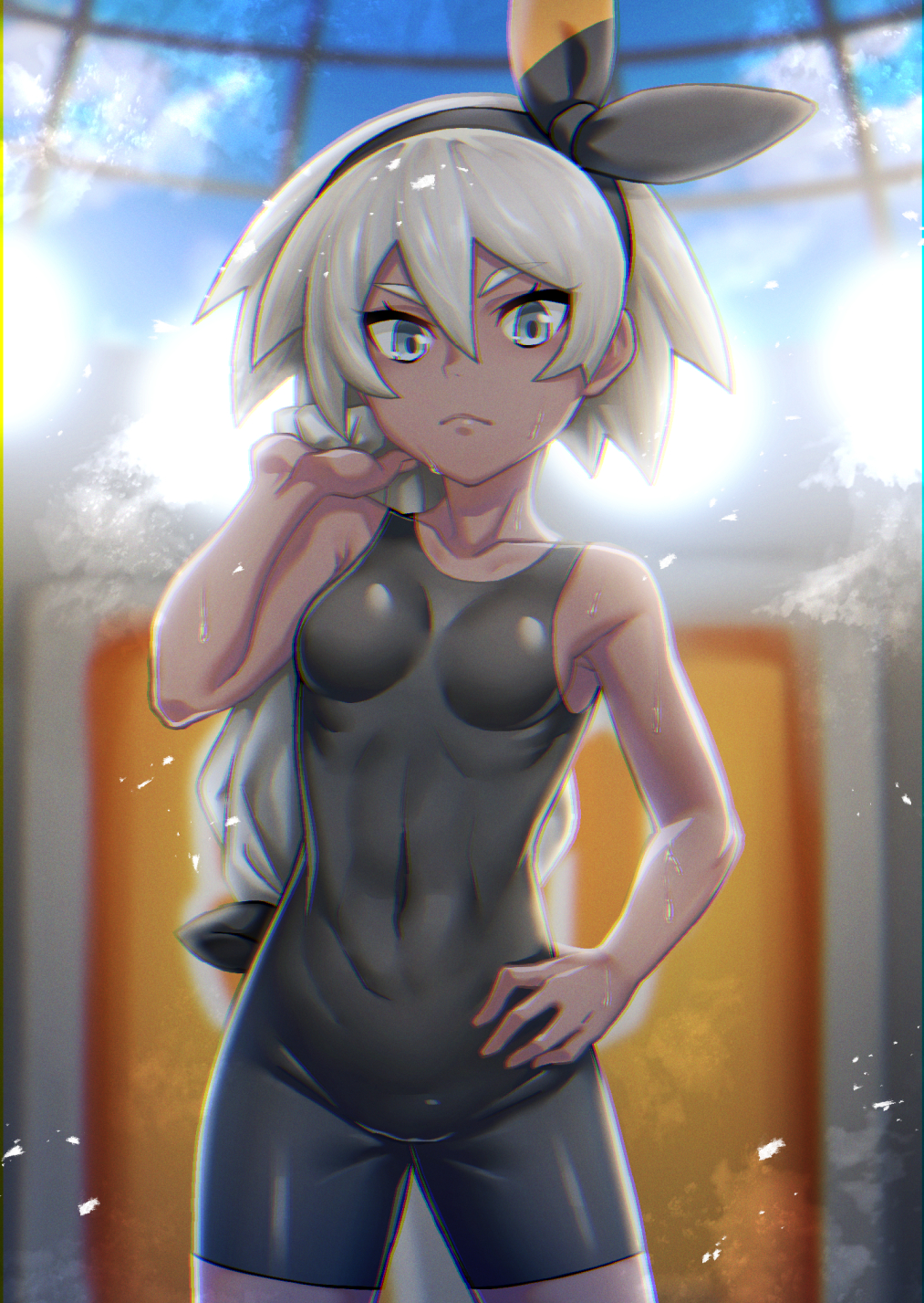 1girl backlighting bare_arms bare_shoulders black_bodysuit black_hairband blue_eyes bodysuit breasts closed_mouth collarbone commentary_request covered_navel cowboy_shot dark_skin dust grey_hair gym_leader hair_between_eyes hairband hand_on_hip hand_up highres holding holding_clothes igana_asonerikes impossible_bodysuit impossible_clothes looking_at_viewer no_gloves over_shoulder pokemon pokemon_(game) pokemon_swsh saitou_(pokemon) short_hair skin_tight small_breasts solo sweat toned