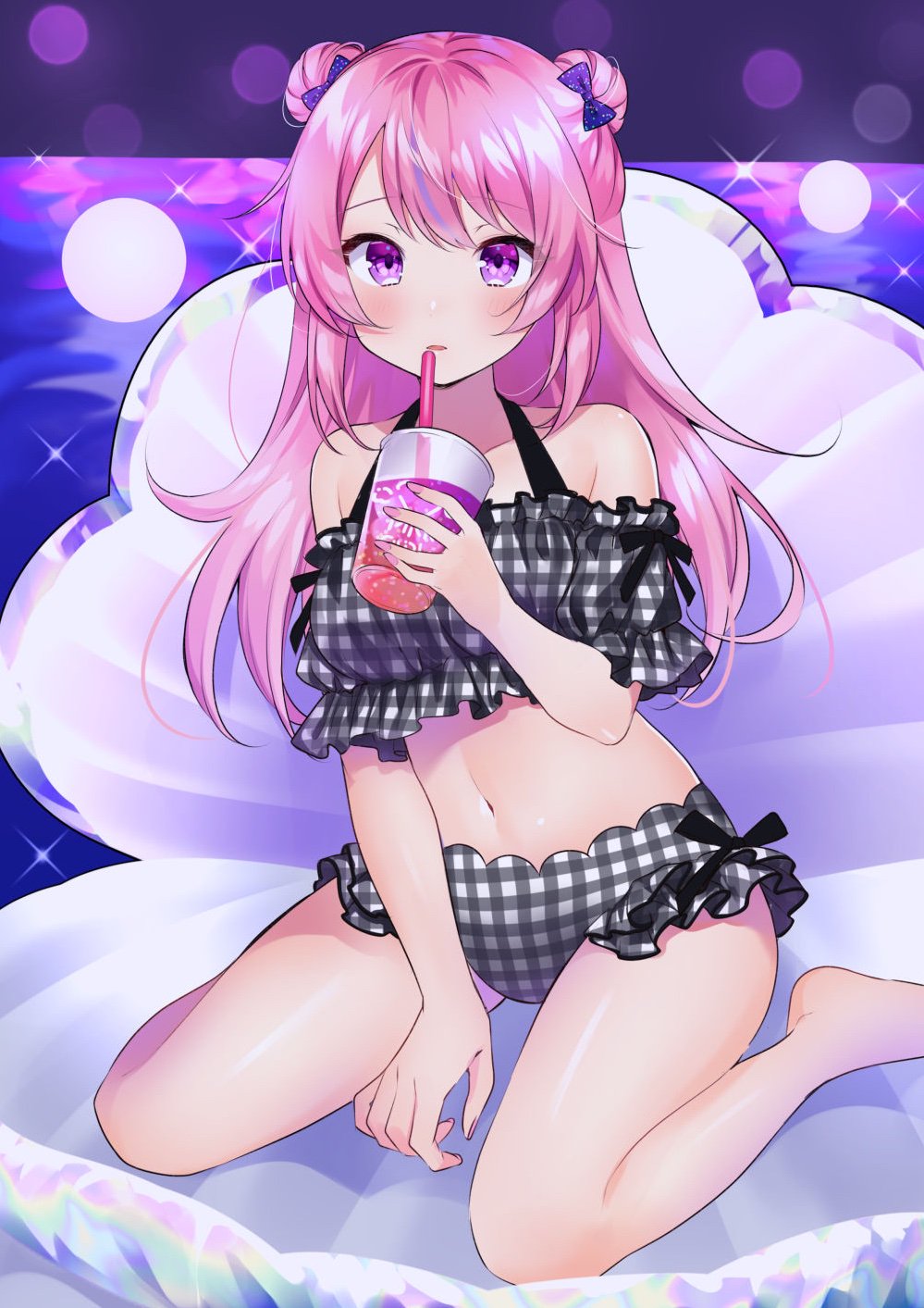 1girl barefoot between_legs bikini black_bikini blush bow breasts clam collarbone cup double_bun drinking_straw frills glint hair_bow hair_bun halter_top halterneck haruyuki_14 highres holding holding_cup long_hair looking_at_viewer medium_breasts midriff multicolored_hair nail_polish navel off_shoulder original parted_lips pink_hair plaid plaid_bikini sitting solo streaked_hair swimsuit thighs unmoving_pattern violet_eyes wariza