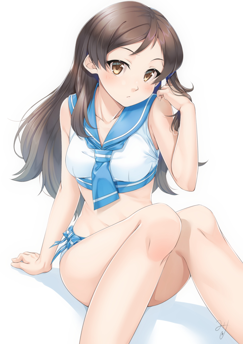 1girl adjusting_hair arm_support bikini brown_hair collarbone hair_flip idolmaster idolmaster_million_live! idolmaster_million_live!_theater_days kitazawa_shiho long_hair looking_at_viewer midriff miri_(ago550421) ribbon sailor_bikini sailor_collar sailor_swimsuit_(idolmaster) signature sitting solo striped striped_ribbon swimsuit white_bikini