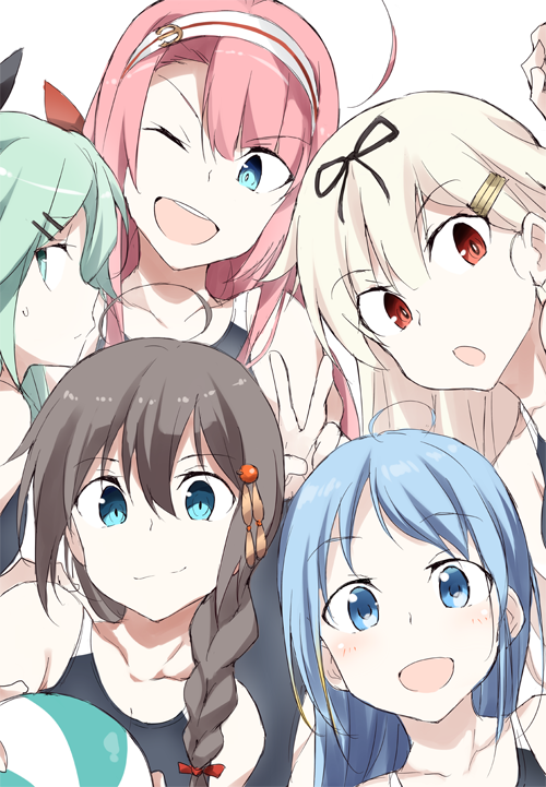 5girls ahoge ball bangs beachball black_hair black_ribbon black_swimsuit blonde_hair blue_eyes blue_hair braid competition_swimsuit gradient_hair green_eyes green_hair hair_between_eyes hair_flaps hair_ornament hair_over_shoulder hair_ribbon hairband hairclip kantai_collection kawakaze_(kantai_collection) long_hair looking_at_viewer low_twintails multicolored_hair multiple_girls one-piece_swimsuit open_mouth parted_bangs redhead remodel_(kantai_collection) ribbon samidare_(kantai_collection) shigure_(kantai_collection) sidelocks single_braid souji swept_bangs swimsuit twintails upper_body very_long_hair yamakaze_(kantai_collection) yuudachi_(kantai_collection)