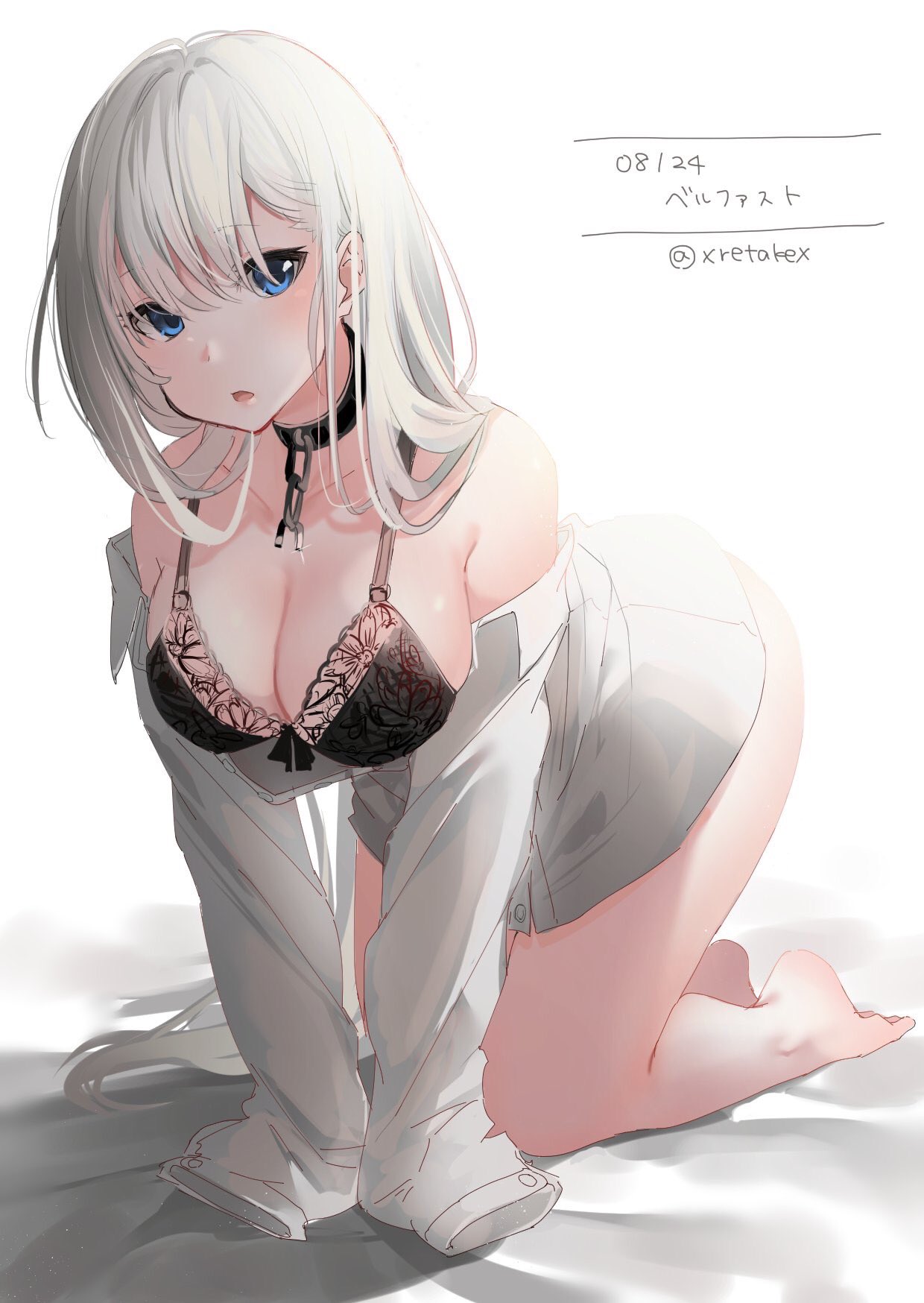 1girl :o all_fours azur_lane bangs barefoot belfast_(azur_lane) black_bra blue_eyes blush bra breasts chain character_name collar collarbone eyebrows_visible_through_hair highres large_breasts lingerie long_hair looking_at_viewer off_shoulder signature silver_hair simple_background sleeves_past_fingers sleeves_past_wrists solo underwear white_background xretakex