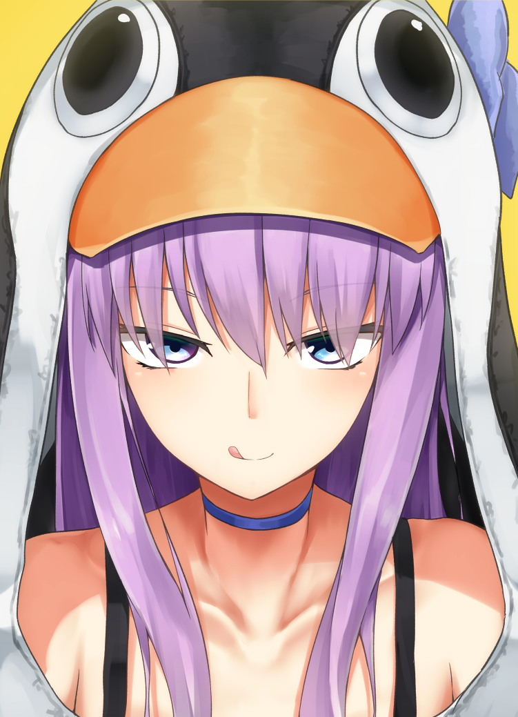 1girl :q animal_hood bangs blue_bow blue_choker blue_eyes bow choker closed_mouth collarbone commentary_request eyebrows_visible_through_hair fate/grand_order fate_(series) hair_between_eyes hood hood_up long_hair looking_at_viewer meltryllis meltryllis_(swimsuit_lancer)_(fate) nenosame penguin_hood purple_hair simple_background smile solo tongue tongue_out tsurime upper_body v-shaped_eyebrows yellow_background