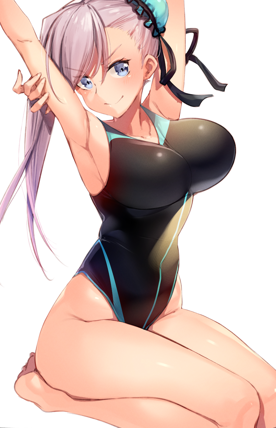 1girl armpits arms_behind_head arms_up asymmetrical_hair bangs bare_shoulders black_ribbon black_swimsuit blue_eyes blue_swimsuit breasts bun_cover closed_mouth collarbone covered_navel fate/grand_order fate_(series) feet hair_bun hair_ribbon highleg highleg_swimsuit highres kei_(soundcross) large_breasts long_hair looking_at_viewer miyamoto_musashi_(fate/grand_order) miyamoto_musashi_(swimsuit_berserker)_(fate) one-piece_swimsuit pink_hair ribbon seiza simple_background sitting smile solo swept_bangs swimsuit thighs two-tone_swimsuit white_background