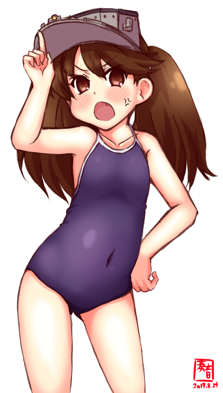 1girl adjusting_clothes adjusting_hat alternate_costume angry artist_logo blue_swimsuit blush brown_eyes brown_hair collarbone covered_navel cowboy_shot dated eyebrows_visible_through_hair fang feet_out_of_frame flat_chest hair_between_eyes hand_on_hip hat highres kanon_(kurogane_knights) kantai_collection long_hair looking_at_viewer new_school_swimsuit one-piece_swimsuit ryuujou_(kantai_collection) school_swimsuit signature simple_background solo standing swimsuit twintails visor_cap white_background