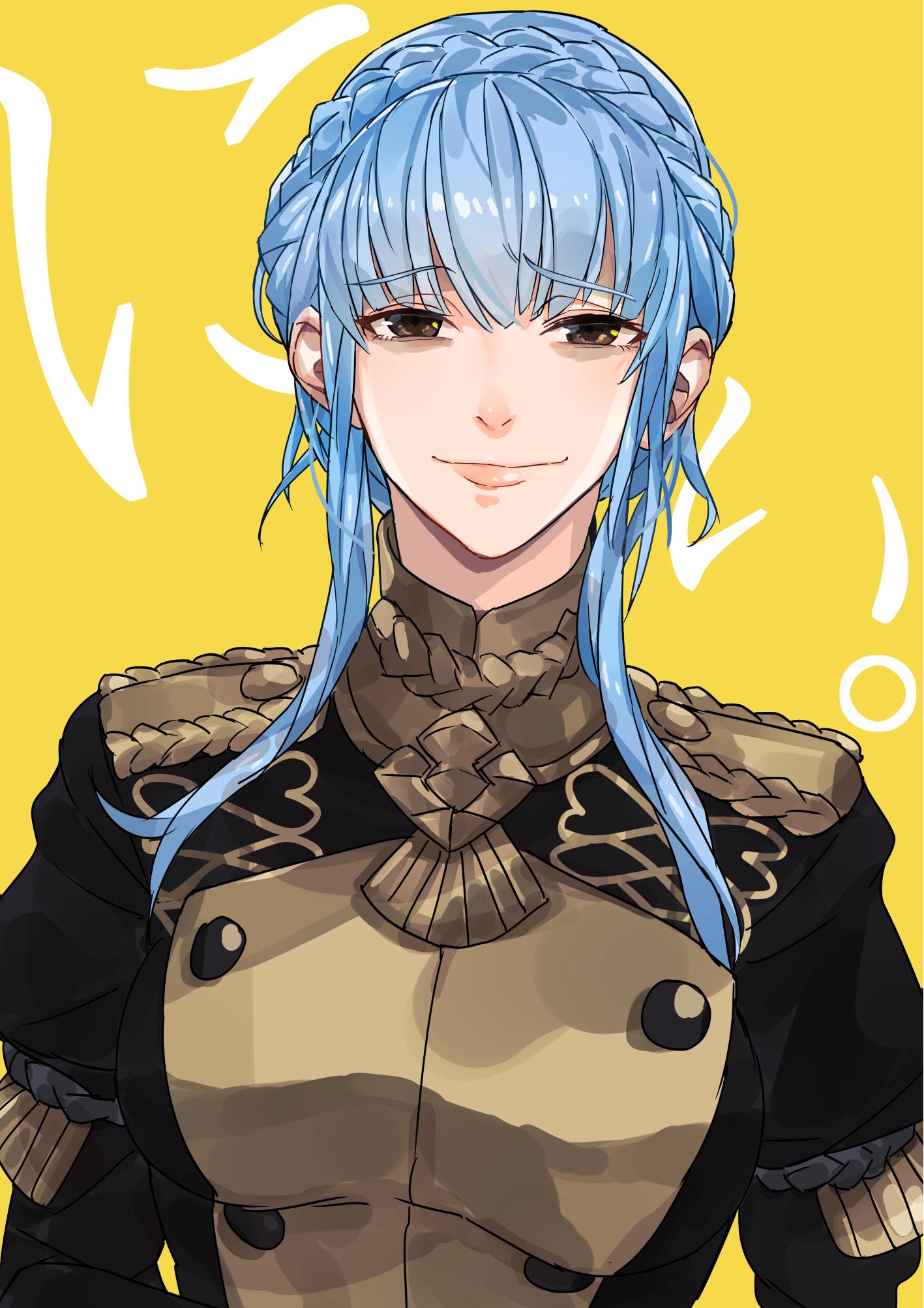 1girl blue_hair braid brown_eyes closed_mouth crown_braid epaulettes fire_emblem fire_emblem:_three_houses highres marianne_von_edmund messatsu_tan simple_background smile solo uniform upper_body yellow_background