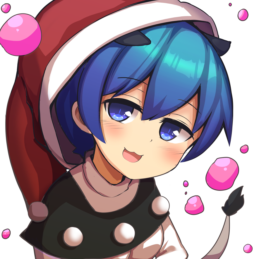 1girl animal_ears bangs blob blue_eyes blue_hair capelet commentary doremy_sweet hat legacy_of_lunatic_kingdom looking_at_viewer nightcap open_mouth saisoku_no_yukkuri simple_background smile solo tail touhou white_background