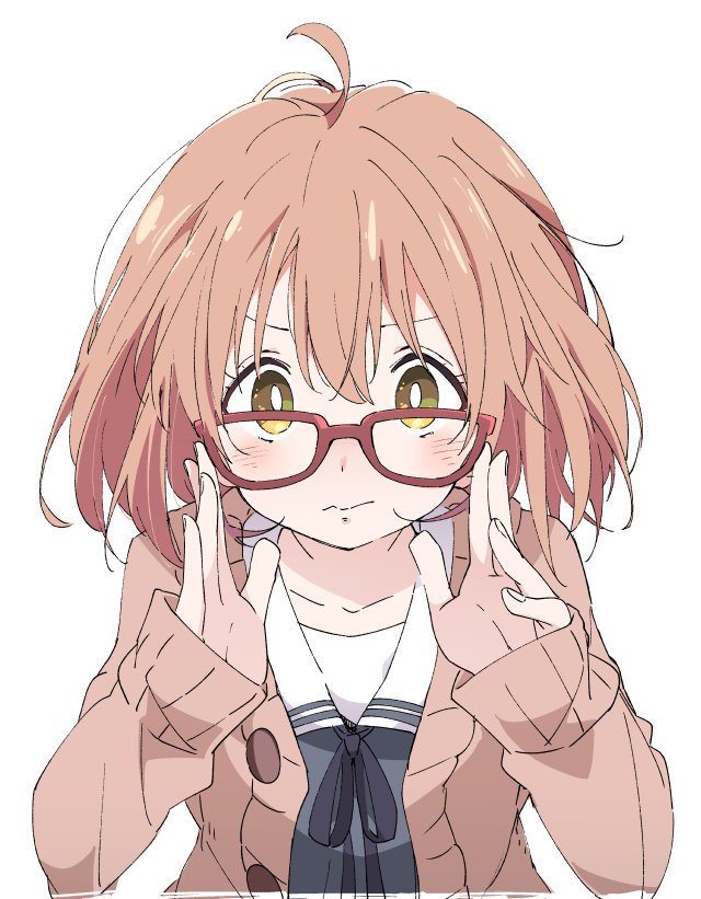 1girl ahoge blush closed_mouth collarbone glasses ixy kuriyama_mirai kyoukai_no_kanata long_sleeves looking_at_viewer orange_hair red-framed_eyewear school_uniform short_hair simple_background solo upper_body white_background yellow_eyes