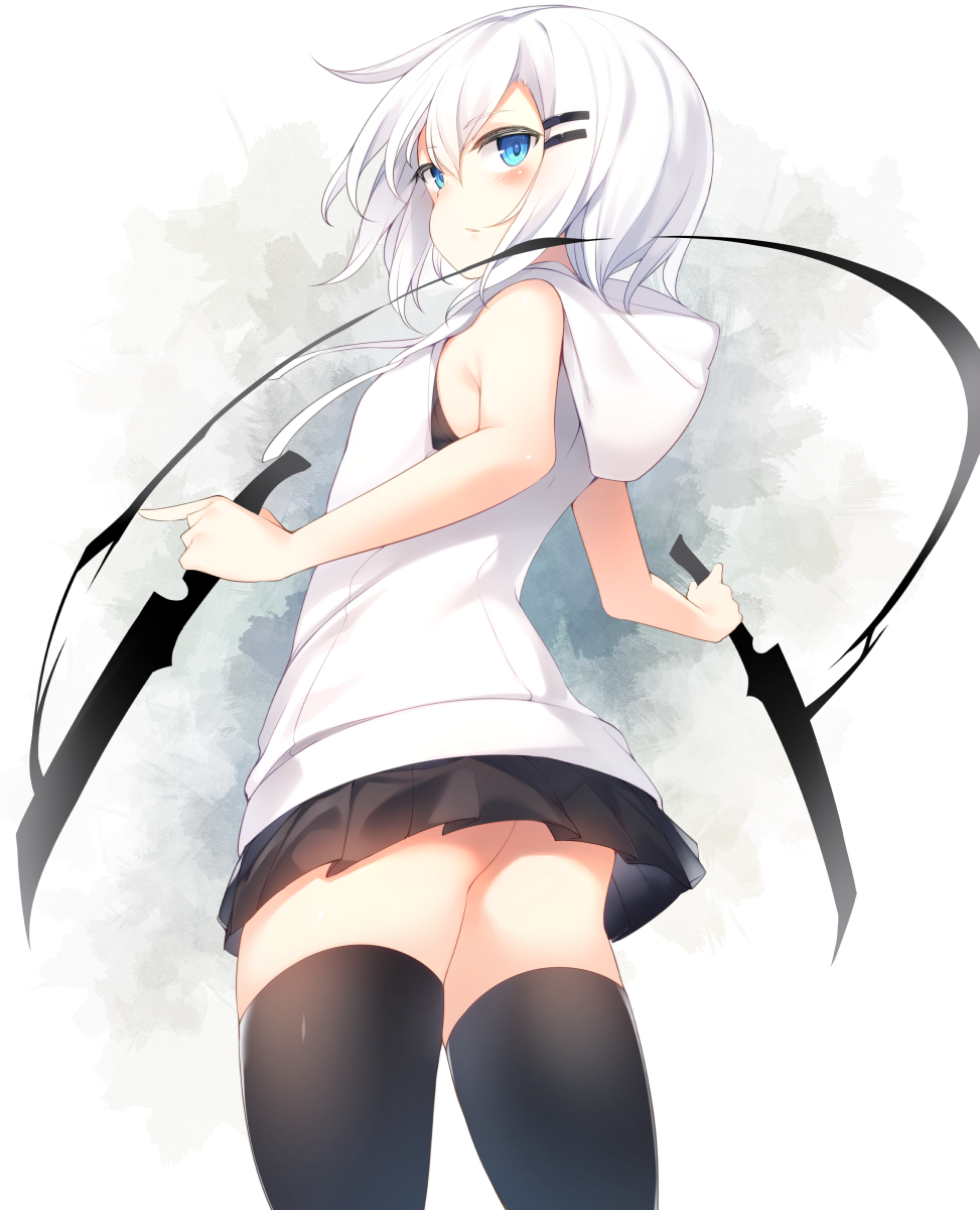 1girl ass bangs bare_shoulders black_legwear blue_eyes blush commentary_request from_behind hair_between_eyes hair_ornament hairclip highres holding holding_weapon hood hood_down hoodie original otokuyou pleated_skirt ringo-chan_(otokuyou) short_hair simple_background skirt solo thigh-highs weapon white_background white_hair