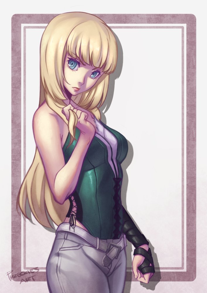 1girl arm_strap bangs bare_shoulders belt blonde_hair blue_eyes blunt_bangs breasts casual commentary corset denim english_commentary ernest_nigel_tuvera eyelashes fashion head_tilt jeans lili_(tekken) lips loose_belt medium_breasts pants sleeveless solo tekken tekken_5 upper_body