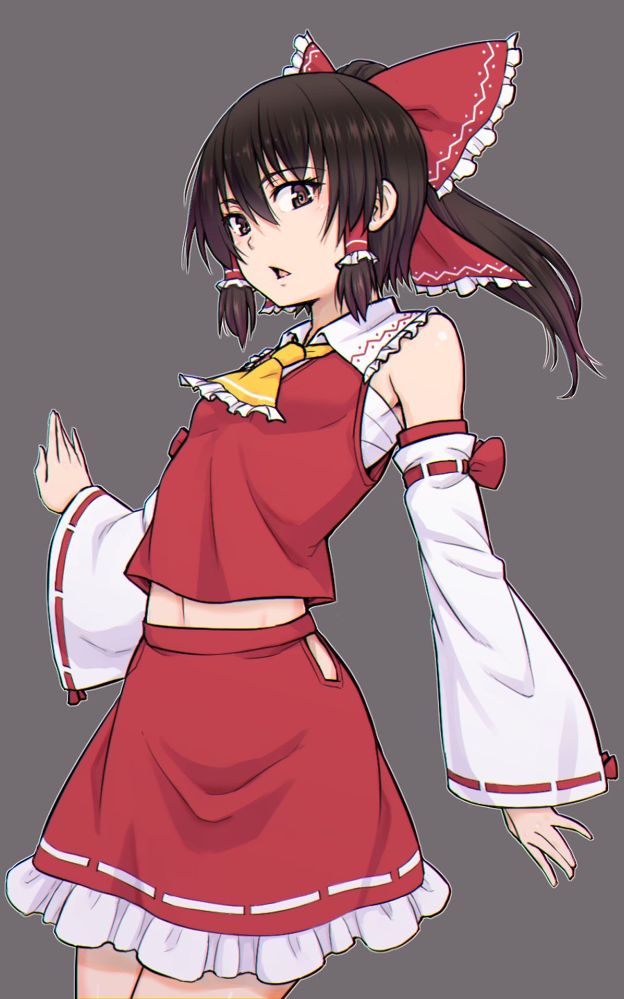 1girl :&lt; ascot bangs bare_shoulders black_hair bow breasts brown_eyes commentary_request cowboy_shot detached_sleeves eyebrows_visible_through_hair frilled_ascot frilled_bow frilled_shirt_collar frills grey_background hair_between_eyes hair_bow hakurei_reimu highres hip_vest kakone long_hair long_sleeves looking_at_viewer midriff miniskirt navel open_mouth petticoat ponytail red_bow red_skirt ribbon-trimmed_sleeves ribbon_trim sarashi simple_background skirt small_breasts solo standing touhou wide_sleeves yellow_neckwear