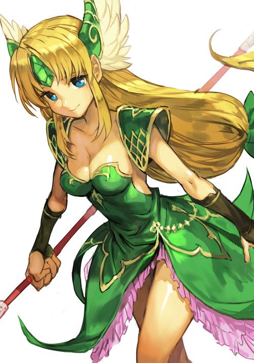 1girl blonde_hair blue_eyes breasts bridal_gauntlets cape dress forehead_jewel green_dress hankuri helmet long_hair low-tied_long_hair pauldrons polearm riesz seiken_densetsu seiken_densetsu_3 simple_background smile solo spear very_long_hair weapon winged_helmet