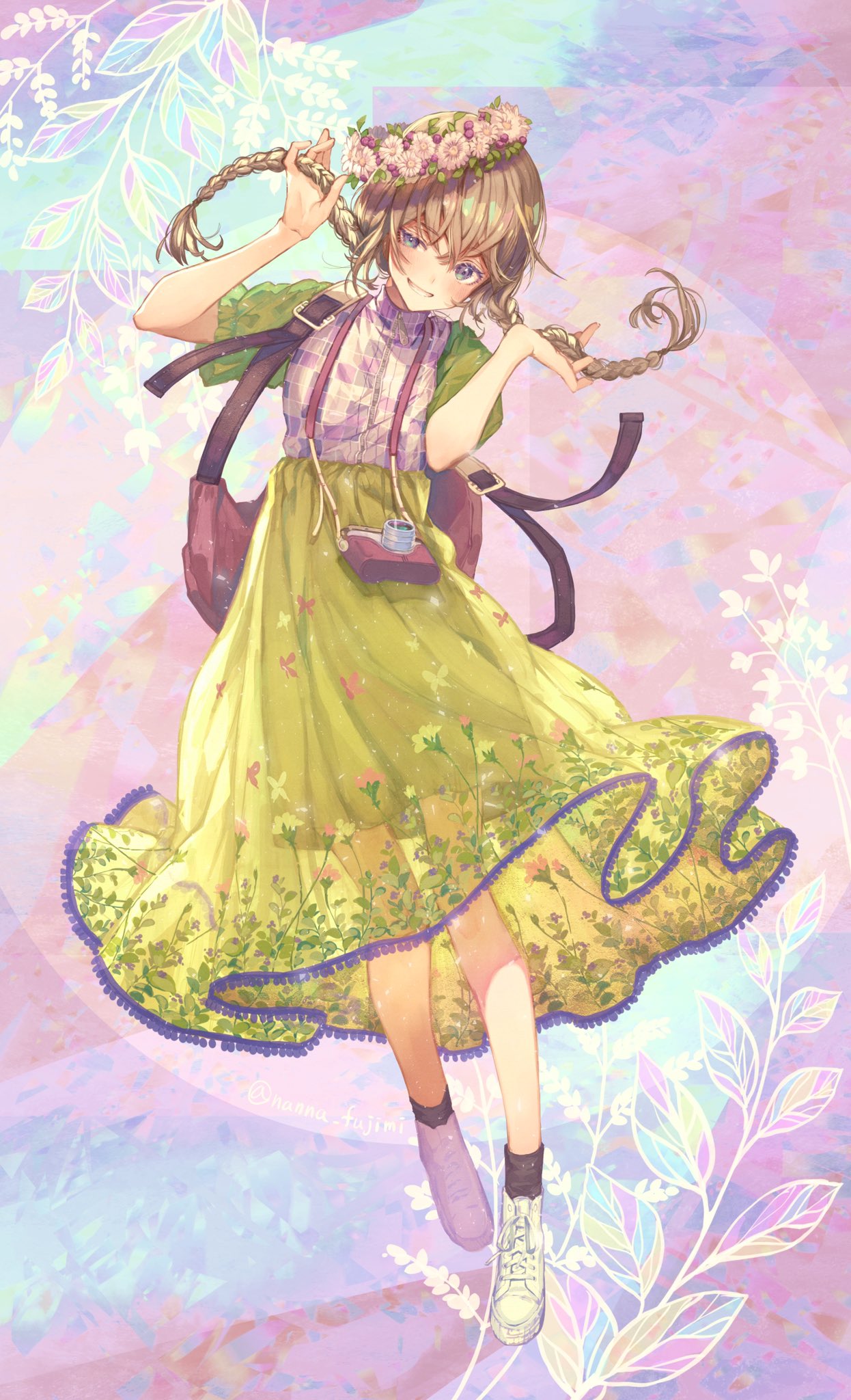 1girl 778-go bag braid brown_hair checkered commentary_request flower full_body green_eyes grin hands_up head_wreath high-waist_skirt highres long_hair long_skirt looking_at_viewer original shirt shoes short_sleeves shoulder_bag skirt smile sneakers socks solo twin_braids twintails uneven_eyes