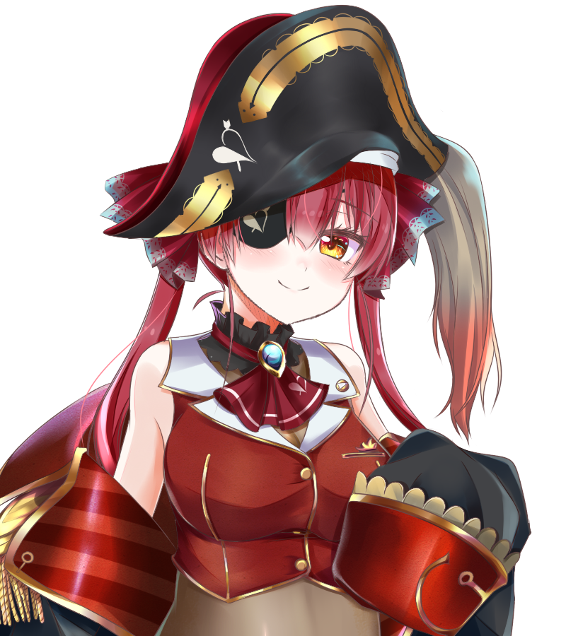 1girl arrow_through_heart bangs bare_shoulders black_headwear breasts buttons closed_mouth cravat eyebrows_visible_through_hair eyepatch gem gold_trim hair_between_eyes hat hololive houshou_marine jacket large_breasts leotard long_hair long_sleeves pink_hair pirate pirate_hat rorimiko-yahoo sleeves_past_elbows smile solo transparent_background twintails virtual_youtuber yellow_eyes