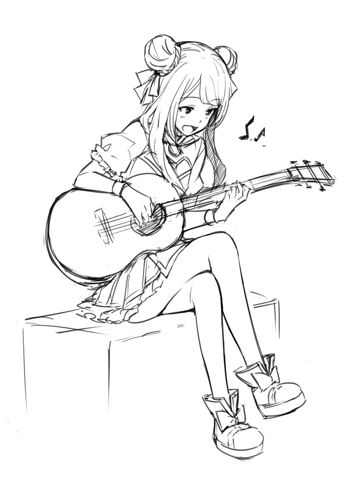 1girl :d bangs blush boots copyright_request crossed_legs double_bun eighth_note eyebrows_visible_through_hair full_body greyscale guitar holding holding_instrument instrument long_hair looking_away looking_down monochrome music musical_note open_mouth playing_instrument pleated_skirt puffy_short_sleeves puffy_sleeves saiste shirt short_sleeves simple_background sitting sketch skirt smile solo vest white_background wristband