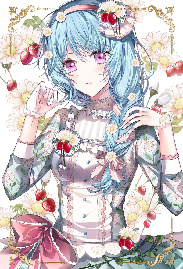 1girl alternate_hairstyle bang_dream! bangs blue_dress blue_hair bow braid dress floral_background floral_print flower food frilled_shirt_collar frills fruit gloves hair_flower hair_ornament hair_over_shoulder hair_ribbon hairband hands_up lolita_fashion long_hair long_sleeves looking_at_viewer matsubara_kanon nennen parted_lips pink_bow pink_ribbon plant print_dress ribbon single_braid solo strawberry striped striped_ribbon upper_body vines violet_eyes white_flower white_gloves