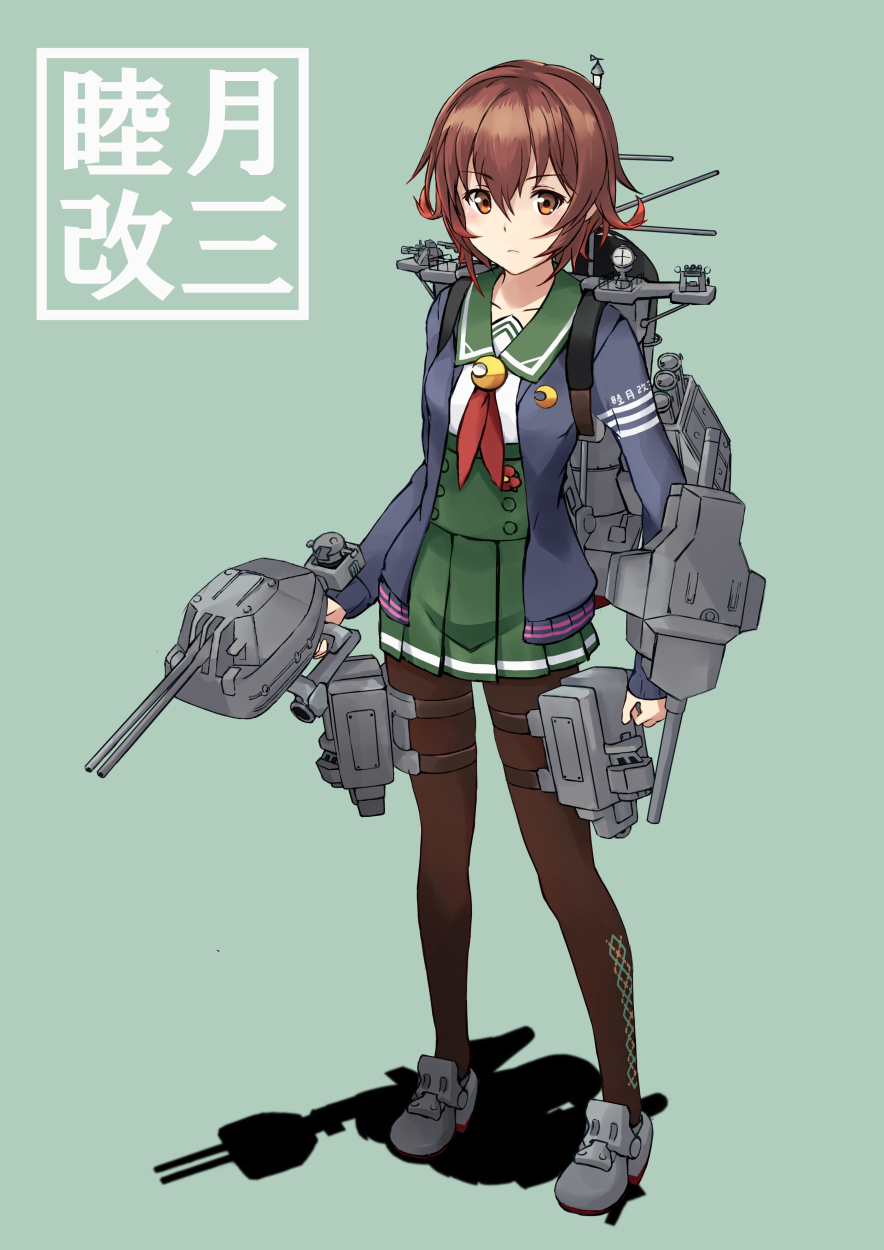 1girl argyle argyle_background brown_hair brown_legwear cannon character_name commentary_request crescent crescent_moon_pin full_body gradient_hair green_sailor_collar green_skirt grey_background highres jacket kantai_collection loafers looking_at_viewer machinery minosu multicolored_hair mutsuki_(kantai_collection) neckerchief original_remodel_(kantai_collection) pantyhose pleated_skirt red_neckwear redhead remodel_(kantai_collection) sailor_collar school_uniform serafuku shoes short_hair simple_background skirt smokestack solo standing turret