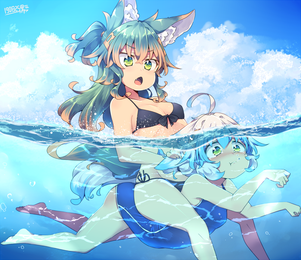 2girls ahoge animal_ear_fluff animal_ears barefoot bikini black_bikini blue_sky blue_swimsuit breasts brown_hair clouds commentary_request dated day eyebrows_visible_through_hair fang green_eyes green_hair kuromiya kuromiya_raika long_hair medium_breasts multicolored_hair multiple_girls ocean one-piece_swimsuit open_mouth original outdoors red_legwear shiromiya_asuka short_hair short_ponytail side-tie_bikini single_thighhigh sitting sitting_on_person sky swimsuit tail thigh-highs two-tone_hair water white_hair