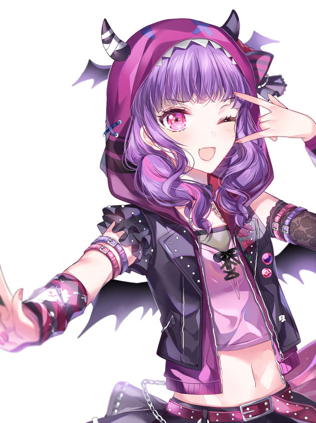 1girl ;d \m/ alternate_hairstyle arm_belt arm_warmers asymmetrical_clothes badge bandaged_hand bang_dream! bangs belt black_jacket bow button_badge chain crop_top cross-laced_clothes demon_hood demon_horns fake_horns floral_print hair_bow head_wings hood hood_up hooded_jacket horns jacket long_hair looking_at_viewer low_twintails midriff multicolored_hair nail_polish navel nennen one_eye_closed open_mouth pink_hair pink_nails pink_shirt polka_dot print_jacket purple_hair shirt simple_background skirt sleeveless sleeveless_jacket smile solo streaked_hair twintails udagawa_ako upper_body violet_eyes white_background wings