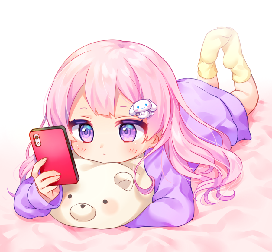 1girl bed_sheet blush bunny_hair_ornament cellphone closed_mouth fingernails hair_ornament holding holding_cellphone holding_phone komachi_pochi legs_up long_hair long_sleeves looking_away lying no_shoes on_stomach original phone pink_hair purple_shirt shirt sleeves_past_wrists socks soles solo violet_eyes yellow_legwear