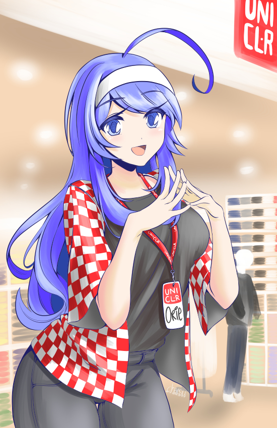 1girl ahoge blue_eyes blue_hair blush brand_name_imitation breasts chaesu checkered employee_uniform huge_ahoge jacket lanyard leaning_forward long_hair looking_at_viewer medium_breasts name_tag open_clothes open_jacket open_mouth orie_(under_night_in-birth) pants parody shirt shop smile solo steepled_fingers t-shirt under_night_in-birth uniform uniqlo