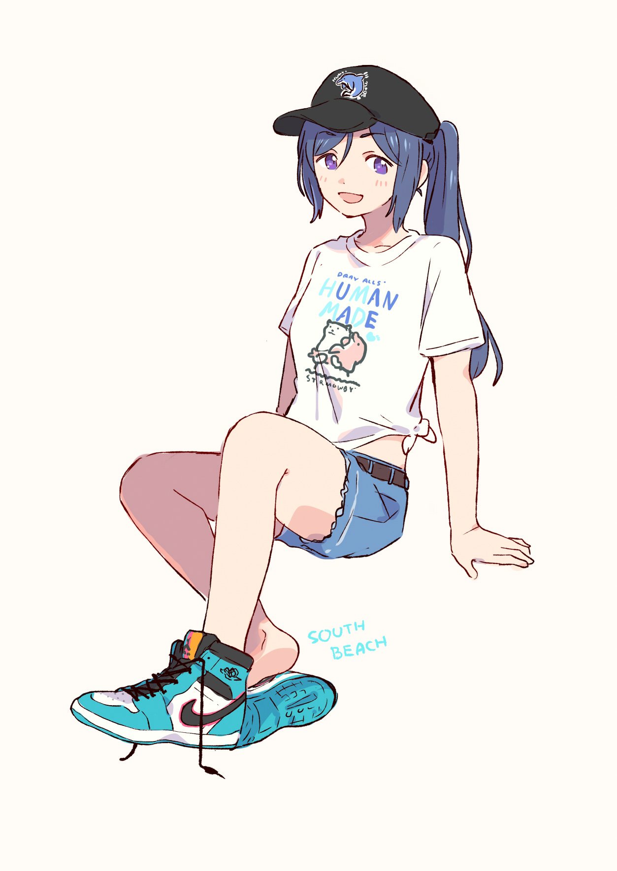 1girl air_jordan_1 baseball_cap blue_hair clothes_writing denim denim_shorts eyebrows_visible_through_hair hat highres looking_at_viewer love_live! love_live!_sunshine!! matsuura_kanan nike open_mouth ponytail shirt shoes shorts sidelocks simple_background sitting sneakers solo taneda_yuuta tied_shirt violet_eyes yuuyu_(777)