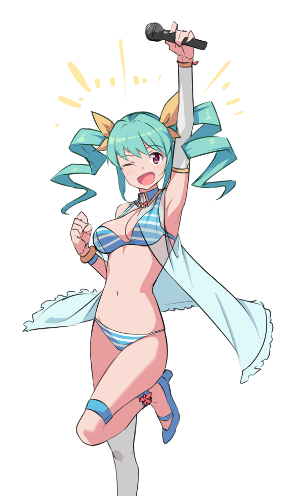 1girl ;d aqua_hair arm_up armpits bikini blue_footwear breasts clenched_hand detached_sleeves drill_hair eyebrows_visible_through_hair hair_ornament high_heels long_hair looking_at_viewer medium_breasts microphone navel official_art one_eye_closed open_mouth rabi-ribi red_eyes ribbon saiste seana_(rabi_ribi) see-through shoes simple_background single_detached_sleeve single_thighhigh smile solo standing standing_on_one_leg stomach striped striped_bikini swimsuit thigh-highs twin_drills twintails white_background white_legwear yellow_ribbon