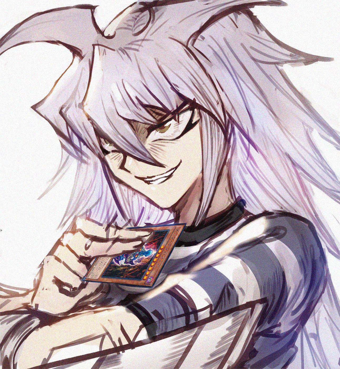 1boy bakura_ryou blue_shirt brown_eyes card commentary_request dark_necrofear evil_grin evil_smile grin highres holding holding_card long_hair open_mouth shirt simple_background sketch smile solo sookmo spiky_hair striped striped_shirt teeth white_background white_hair white_shirt yami_bakura yuu-gi-ou yuu-gi-ou_duel_monsters