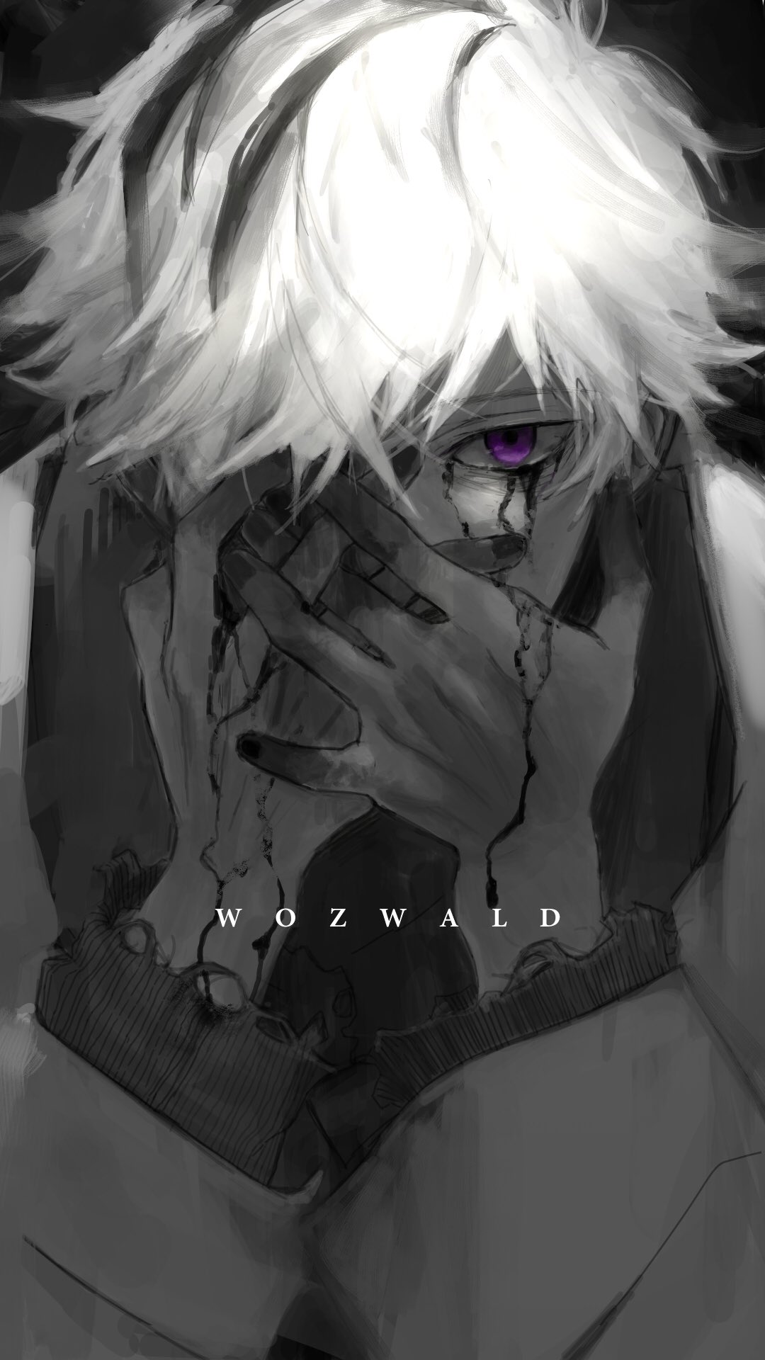 1boy black_background covering_face highres long_sleeves looking_at_viewer male_focus multicolored_hair one_eye_covered simple_background solo song_name spot_color streaked_hair torn_clothes upper_body violet_eyes white_hair winnie_schrader wooma wozwald_(vocaloid)