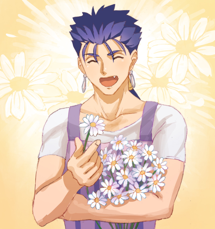 1boy :d blue_hair bouquet closed_eyes collarbone cu_chulainn_(fate)_(all) daisy earrings emiya-san_chi_no_kyou_no_gohan fang fate/hollow_ataraxia fate_(series) flower holding holding_bouquet holding_flower jewelry lancer long_hair male_focus open_mouth ponytail purple_apron shirt short_sleeves smile solo suikatabetaifrom type-moon ufotable vertical-striped_apron white_flower white_shirt