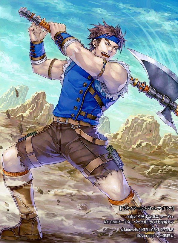 1boy artist_name axe belt boots bracelet brown_hair fire_emblem fire_emblem:_the_binding_blade fire_emblem_cipher headband jewelry male_focus mountain official_art open_mouth rock shiki_karuta sky solo teeth torn_clothes wade_(fire_emblem)