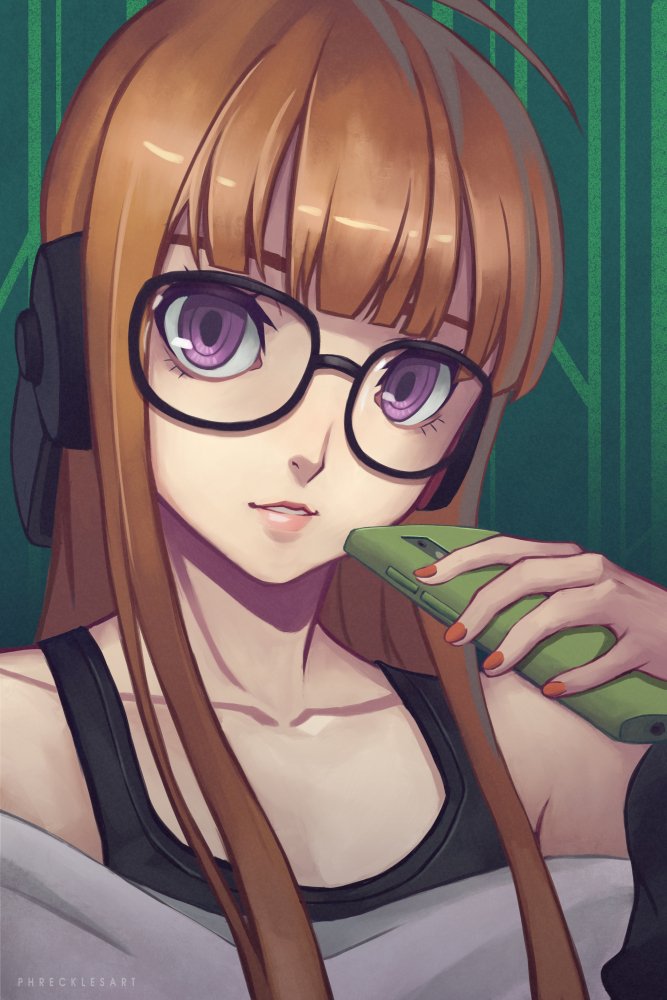 1girl ahoge atlus bangs bare_shoulders black-framed_eyewear black_bra blunt_bangs bra cellphone collarbone commentary english_commentary ernest_nigel_tuvera glasses green_background headphones lips long_hair looking_at_viewer megami_tensei nail_polish off-shoulder_shirt off_shoulder orange_hair parted_lips persona persona_5 phone portrait red_nails sakura_futaba shirt sidelocks smartphone solo training_bra underwear violet_eyes