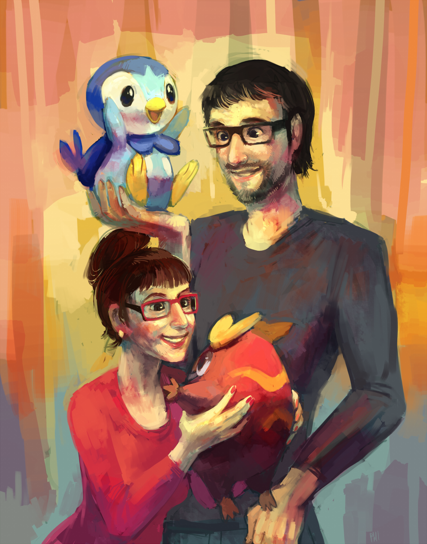 1boy 1girl :d bangs beard bird black_hair blunt_bangs breasts brown_hair commentary couple creature darumaka dress earrings english_commentary facial_hair gen_4_pokemon gen_5_pokemon glitchedpuppet hair_bun happy holding holding_pokemon jewelry long_sleeves medium_breasts open_mouth original piplup pokemon pokemon_(creature) realistic red_dress sitting smile standing