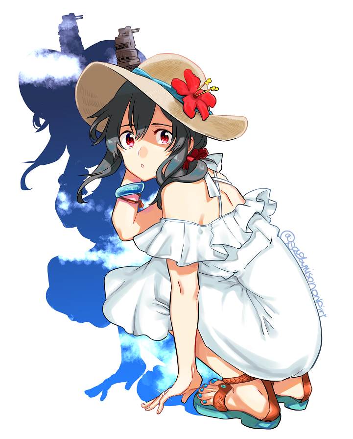 1girl adjusting_clothes adjusting_hat alternate_costume arm_support bangs bare_shoulders black_hair blue_ribbon bracelet clouds commentary dress fingernails flower full_body hair_between_eyes hair_ornament hair_over_shoulder hand_on_headwear hat hat_flower hat_ribbon jewelry kantai_collection long_dress long_hair looking_at_viewer nail_polish off-shoulder_dress off_shoulder parted_lips red_eyes red_ribbon ribbon ring sagamiso sandals shaded_face sitting sky solo sparkle squatting straw_hat twitter_username wedding_band white_background white_dress wristband yamashiro_(kantai_collection)