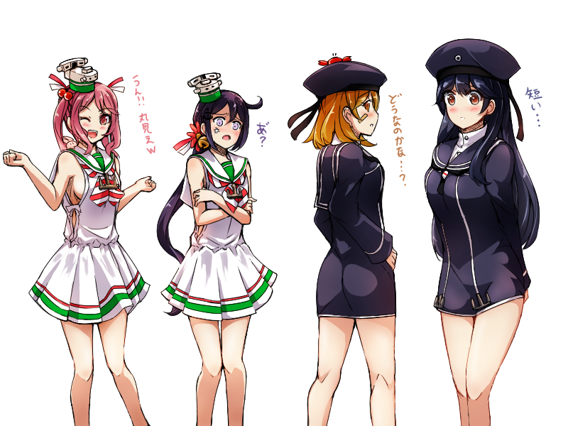 4girls ;d akebono_(kantai_collection) anchor_necklace anger_vein animal animal_on_head arms_behind_back bandaid bandaid_on_face bare_shoulders bell black_hair blush breasts brown_eyes brown_hair cosplay cowboy_shot crab diagonal-striped_neckwear dress flower hair_bell hair_bobbles hair_flower hair_ornament hat jingle_bell kamezou_(kame-zo) kantai_collection large_breasts long_hair looking_at_viewer maestrale_(kantai_collection) maestrale_(kantai_collection)_(cosplay) medium_breasts mini_hat multiple_girls oboro_(kantai_collection) on_head one_eye_closed open_mouth pink_eyes pink_hair purple_hair sailor_collar sailor_dress sailor_hat sazanami_(kantai_collection) short_hair side_ponytail sideboob simple_background sleeveless sleeveless_dress smile twintails ushio_(kantai_collection) very_long_hair violet_eyes white_background z1_leberecht_maass_(kantai_collection) z1_leberecht_maass_(kantai_collection)_(cosplay)