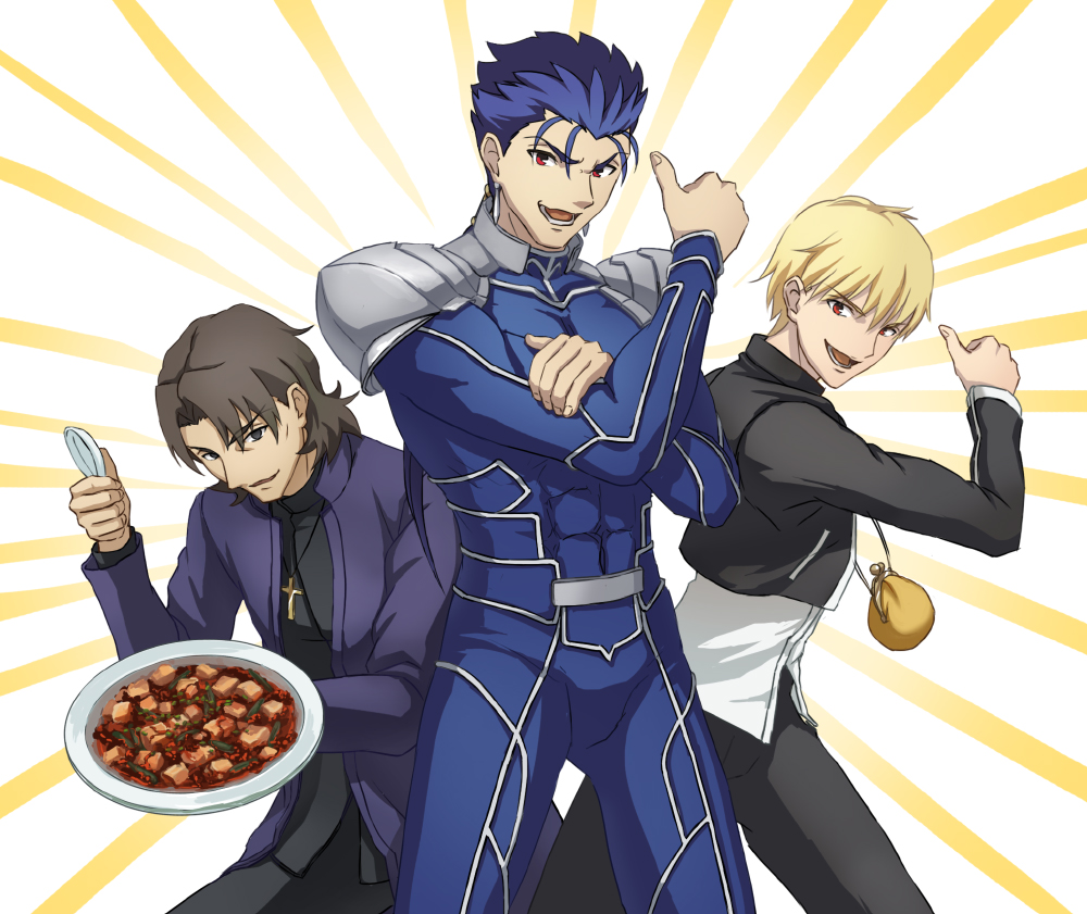 3boys :d black_jacket blonde_hair blue_bodysuit blue_hair bodysuit brown_eyes brown_hair cross cross_necklace dress_shirt fate/stay_night fate_(series) food gilgamesh holding jacket jewelry kotomine_kirei lancer long_sleeves looking_at_viewer male_focus mapo_doufu multiple_boys necklace open_clothes open_jacket open_mouth red_eyes shirt shoulder_armor smile spaulders standing suikatabetaifrom white_shirt