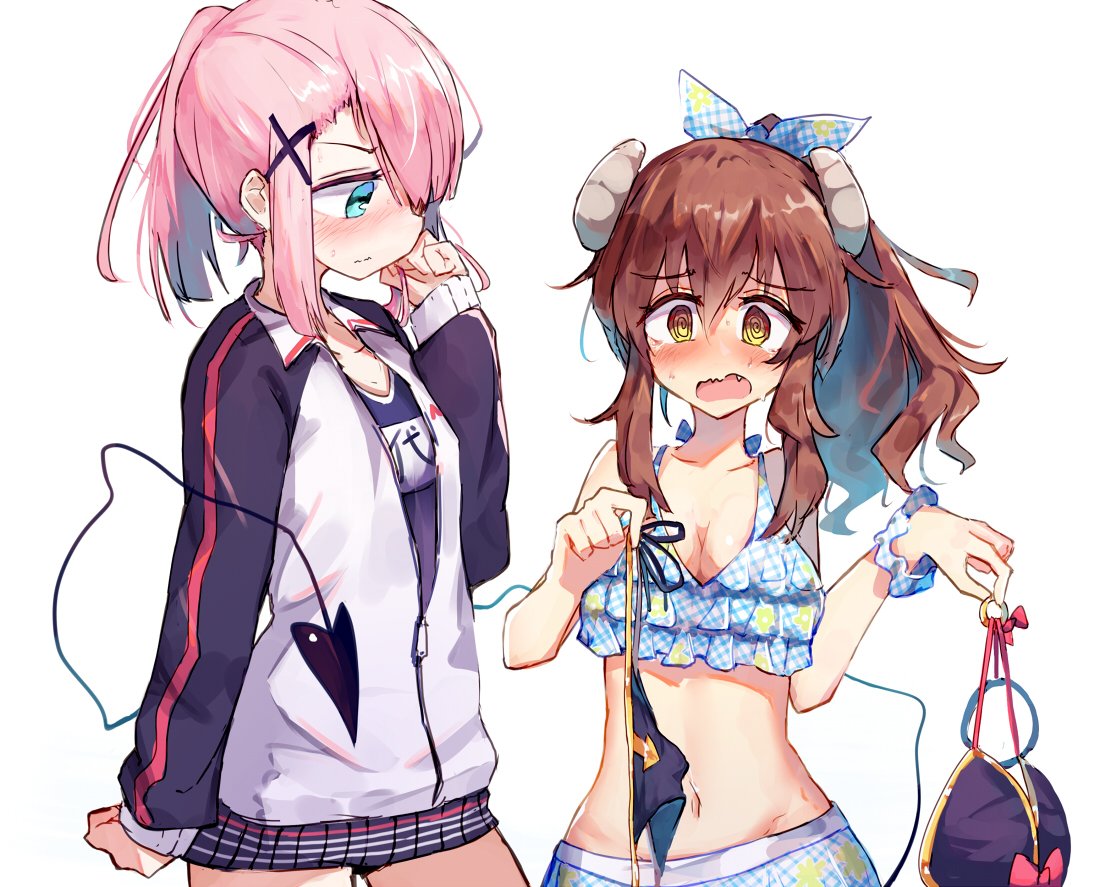 2girls ahoge beize_(garbage) bikini blush brown_hair chiyoda_momo demon_girl demon_horns demon_tail eyebrows_visible_through_hair hair_between_eyes hair_ornament horns long_hair machikado_mazoku multiple_girls navel open_mouth pink_hair ponytail school_swimsuit simple_background sweater swimsuit swimsuit_under_clothes tail white_background yoshida_yuuko_(machikado_mazoku)