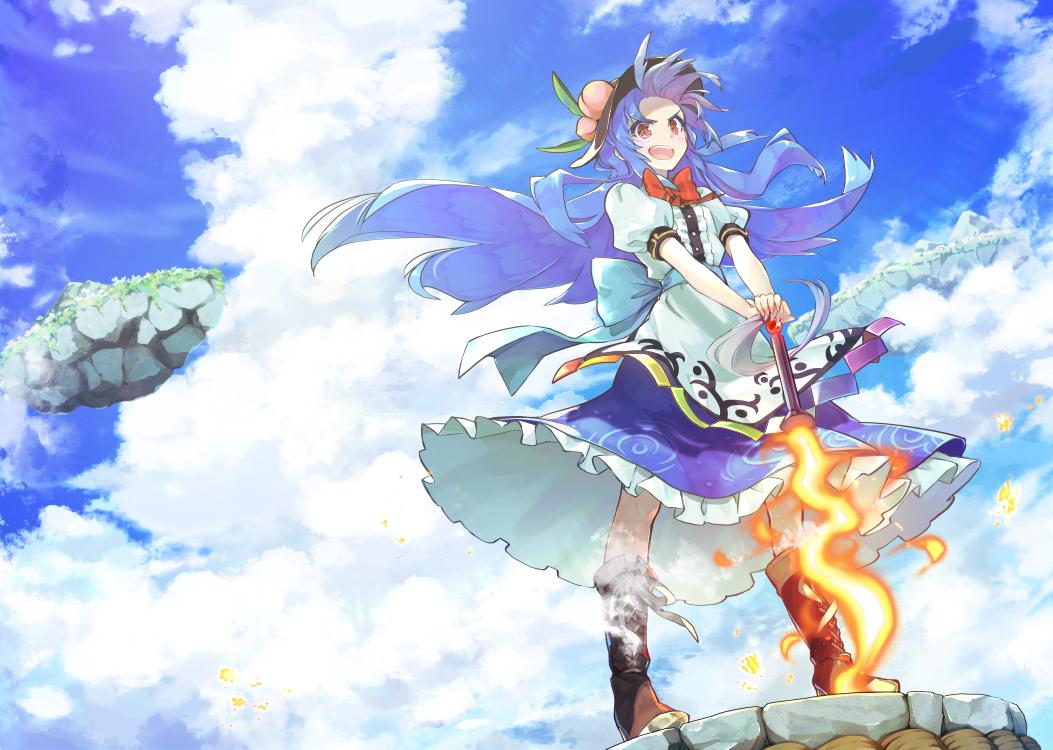 1girl black_headwear blouse blue_hair blue_sash blue_skirt blue_sky blush boots bow bowtie brown_footwear center_frills clouds commentary_request cross-laced_footwear day flaming_sword floating_hair floating_island food forehead fruit hinanawi_tenshi keystone lace-up_boots leaf long_hair looking_at_viewer open_mouth outdoors peach petticoat planted_sword planted_weapon puffy_short_sleeves puffy_sleeves red_bow red_eyes red_neckwear rope sash shimenawa short_sleeves sidelocks skirt sky solo standing sword sword_of_hisou syuri22 touhou v-shaped_eyebrows very_long_hair weapon white_blouse