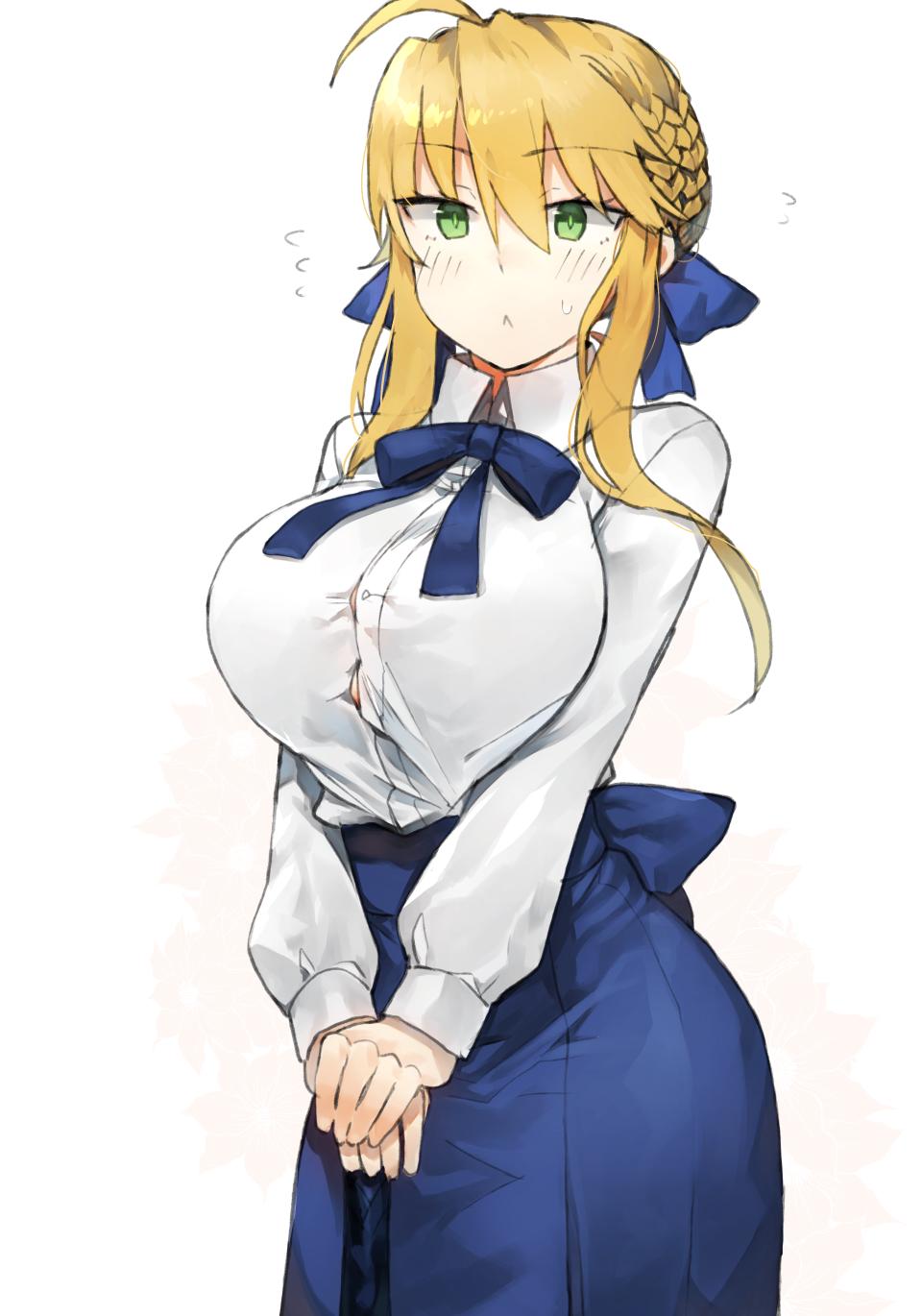 1girl :&lt; ahoge alternate_breast_size artoria_pendragon_(all) blonde_hair blouse blue_bow blue_neckwear blue_ribbon blue_skirt bow braid breasts collared_blouse excalibur fate/stay_night fate_(series) green_eyes hair_bun hair_ribbon hand_on_hilt highres holding holding_sword holding_weapon kasuka_(kusuki) large_breasts long_sleeves neck_ribbon ribbon saber sidelocks skirt solo sweatdrop sword weapon white_background white_blouse