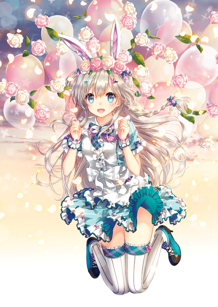 1girl :d animal_ears aqua_eyes aqua_footwear balloon bangs blush bow bowtie braid bunny_hair_ornament center_frills commentary cross-laced_footwear dress eyebrows_visible_through_hair flower frilled_dress frilled_legwear frilled_shirt_collar frilled_sleeves frills hair_flower hair_ornament hairclip head_wreath layered_skirt long_hair looking_at_viewer multicolored_bow narinn open_mouth original pocket puffy_short_sleeves puffy_sleeves rabbit_ears shoes short_sleeves sidelocks smile solo symbol_commentary thigh-highs very_long_hair white_background white_bow white_flower wrist_cuffs zettai_ryouiki