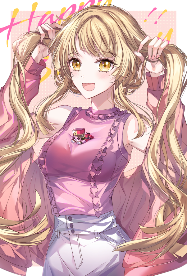 1girl :d bang_dream! bangs blonde_hair bunching_hair character_doll english_text frilled_shirt frilled_shirt_collar frills jacket long_hair long_sleeves michelle_(bang_dream!) nennen open_mouth pink_jacket pink_shirt shirt sidelocks skirt sleeveless sleeveless_shirt smile solo tsurumaki_kokoro twintails white_skirt yellow_eyes