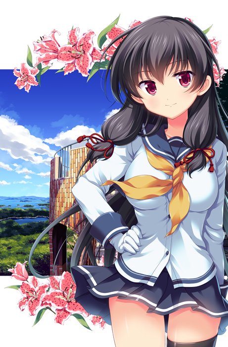 1girl asymmetrical_legwear black_hair black_legwear cowboy_shot flower gloves grey_sailor_collar grey_skirt hair_ribbon hand_on_hip isokaze_(kantai_collection) kantai_collection long_hair long_sleeves looking_at_viewer neckerchief odawara_hakone pleated_skirt red_eyes ribbon sailor_collar scenery school_uniform serafuku single_thighhigh skirt solo standing thigh-highs tress_ribbon white_gloves yellow_neckwear