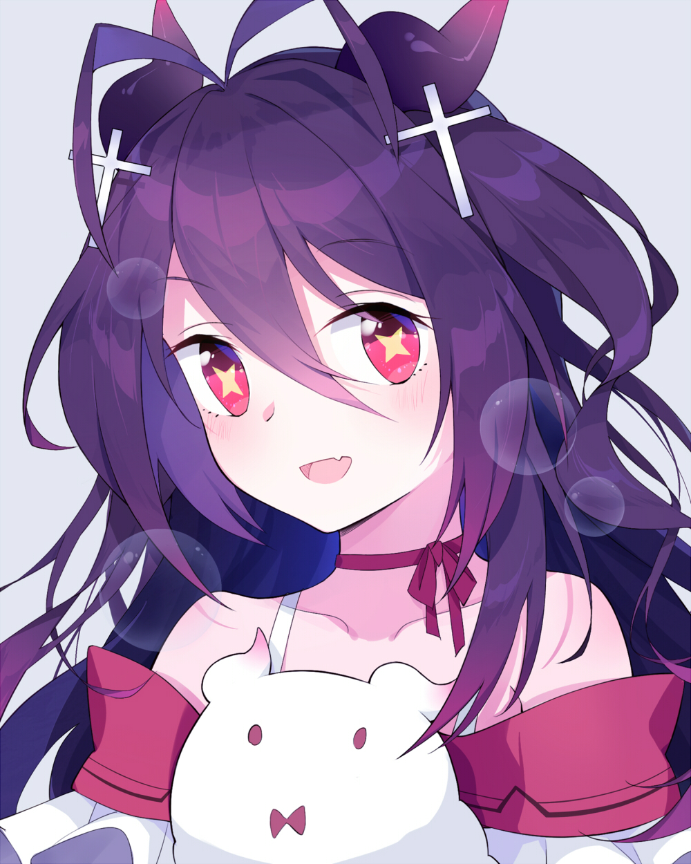 +_+ 1girl :d azur_lane eyebrows_visible_through_hair hair_between_eyes highres horns i-168_(azur_lane) ieufg long_hair looking_at_viewer open_mouth purple_hair red_eyes simple_background smile solo star star-shaped_pupils symbol-shaped_pupils upper_body white_background