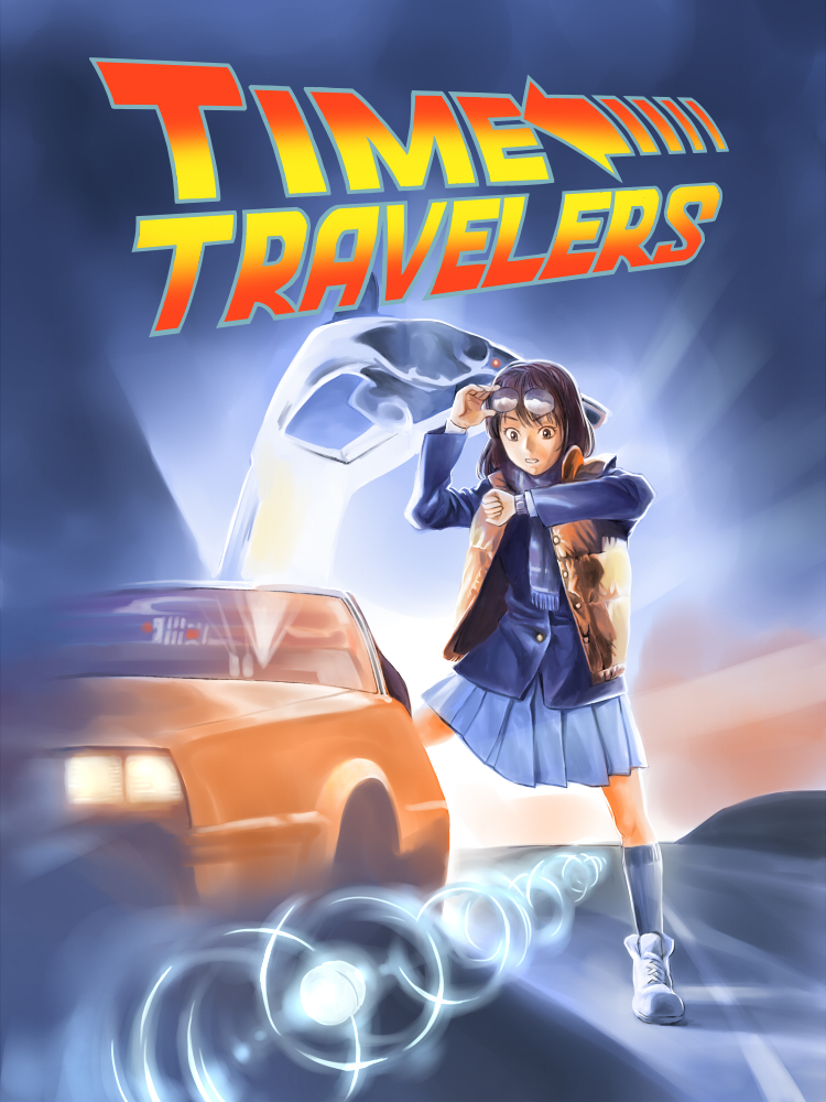 1girl back_to_the_future brown_eyes brown_hair commentary_request cosplay delorean eyewear_on_head kneehighs looking_at_watch marty_mcfly marty_mcfly_(cosplay) miniskirt movie_poster parody pizza_man pleated_skirt road scarf shindo_mikoto skirt solo time_travelers vest