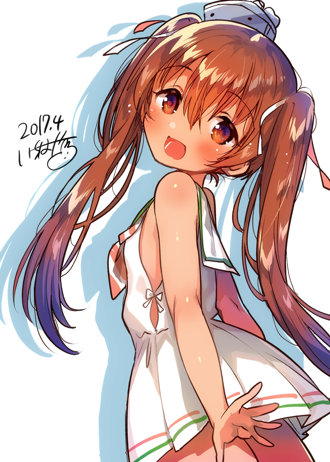 1girl :d bangs bare_arms bare_shoulders blush breasts brown_eyes brown_hair colored_shadow commentary_request dated diagonal-striped_neckwear dress drop_shadow eyebrows_visible_through_hair hair_between_eyes hair_ribbon hat head_tilt ichihaya kantai_collection libeccio_(kantai_collection) long_hair looking_at_viewer looking_to_the_side mini_hat open_mouth red_ribbon ribbon sailor_collar sailor_dress shadow signature sleeveless sleeveless_dress small_breasts smile solo striped striped_neckwear tilted_headwear twintails very_long_hair white_background white_dress white_sailor_collar