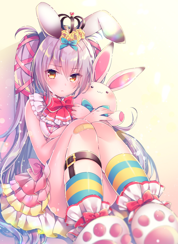 1girl :&lt; animal_ears bandaid bandaid_on_knee bangs bare_shoulders blue_bow blush bow breasts closed_mouth commentary_request crop_top crown eyebrows_visible_through_hair flower hair_between_eyes hair_bow hair_flower hair_ornament hair_ribbon knees_up long_hair looking_at_viewer mini_crown nemuri_nemu object_hug original paw_shoes rabbit_ears red_bow red_ribbon ribbon rose shirt shoe_soles shoes silver_hair sleeveless sleeveless_shirt socks solo striped striped_legwear stuffed_animal stuffed_bunny stuffed_toy twintails under_boob very_long_hair white_footwear white_shirt yellow_eyes yellow_flower yellow_rose