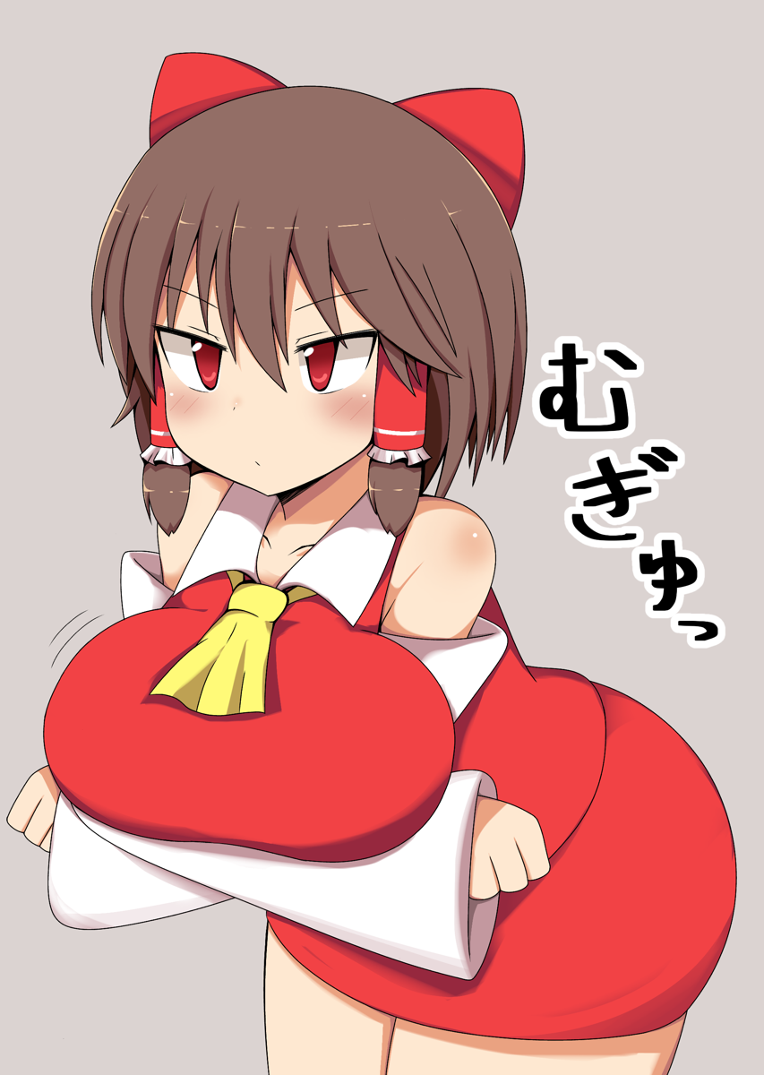 1girl ascot bangs bare_shoulders blush bow breasts brown_hair collarbone commentary_request cookie_(touhou) detached_sleeves eyebrows_visible_through_hair grey_background hair_between_eyes hair_bow hair_tubes hakurei_reimu highres large_breasts medium_hair plump red_bow red_eyes reu simple_background solo takopon touhou