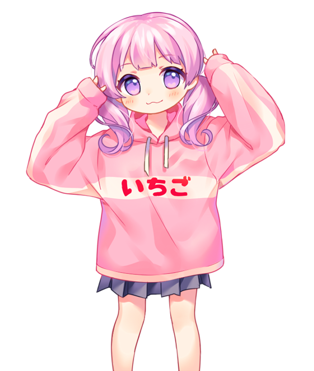1girl :3 arms_up black_skirt blush closed_mouth clothes_writing drawstring hood hood_down hoodie komachi_pochi long_hair long_sleeves looking_at_viewer original pink_hoodie pleated_skirt purple_hair simple_background skirt sleeves_past_wrists solo translated twintails violet_eyes white_background