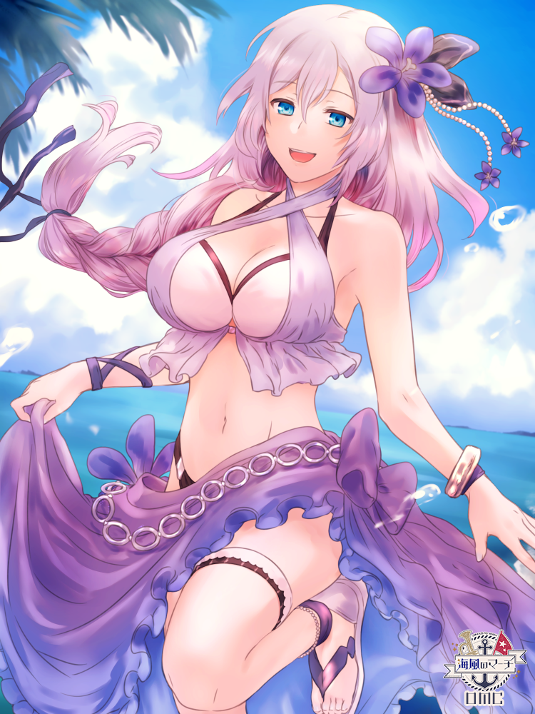 1girl bangle bikini blue_eyes blue_sky bracelet braid breasts clouds day flower hair_flower hair_ornament jewelry large_breasts lavender_hair long_hair low-tied_long_hair navel official_art omc open_mouth outdoors sandals sky smile solo standing standing_on_one_leg swimsuit thigh_strap tukune watermark white_bikini