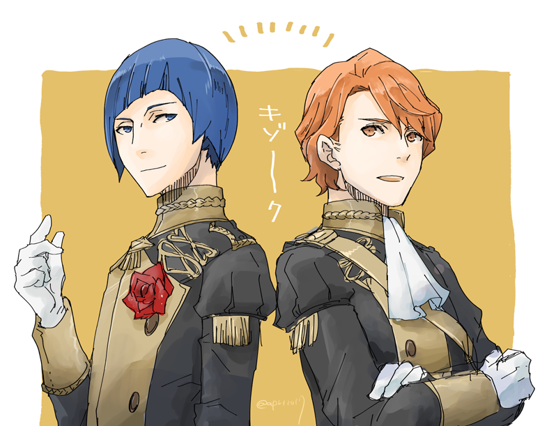 2boys artist_name back-to-back crossed_arms epaulettes ferdinand_von_aegir fire_emblem fire_emblem:_three_houses flower gloves lorentz_hermann_gloucester male_focus multiple_boys open_mouth orange_eyes orange_hair purple_hair robaco rose teeth uniform upper_body violet_eyes white_background